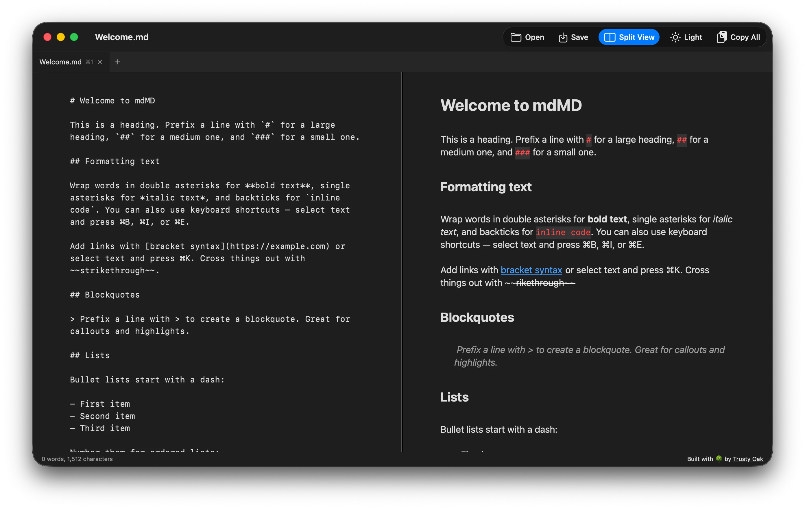 mdMD showing syntax highlighting, multi-tab editing, and interactive checkboxes
